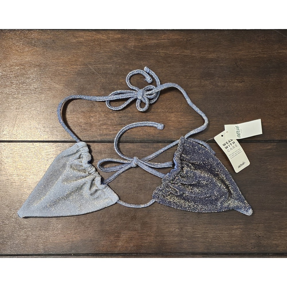 Aerie String Bikini Top Medium Glitter Two Tone Blue With Gold Shimmer Beach